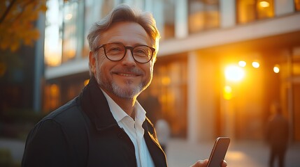 "Confident mature businessman in 50s smiling with smartphone and coffee, waist-up portrait against white background, photorealistic office professional lifestyle shot"