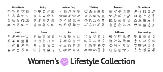 Women Lifestyle Sign Black Thin Line Icon Set Include of Beauty, Jewelry, Spa and Outfits. Vector illustration of Icons