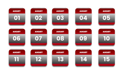 August Calendar Icons – 1st to 15th Dates in Red and Gray Design