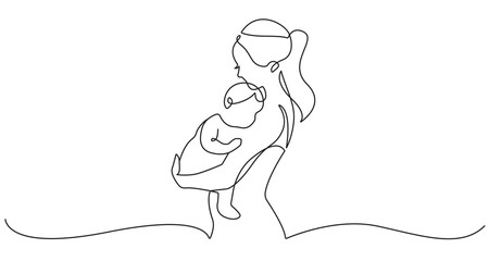 Moher with Newborn Baby One Line Vector Illustration. Continuous Single Line Drawing of Mom and Child on Hands. Happy Mother`s Day Card with Hand Drawn Contour Silhouette Outline Style