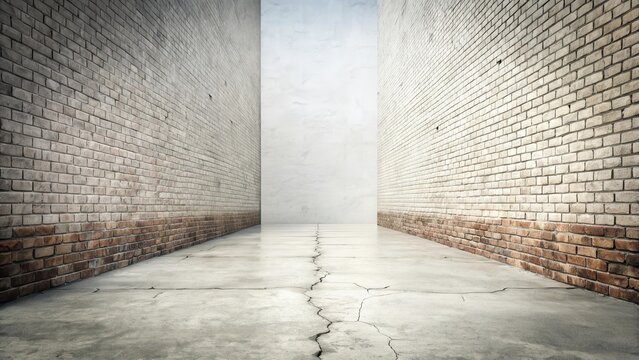 A narrow alleyway with aged brick walls and a cracked concrete floor, creating a sense of urban decay and mystery.