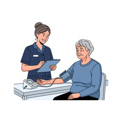 Geriatric care with nurse checking senior patient's blood pressure, vector illustration