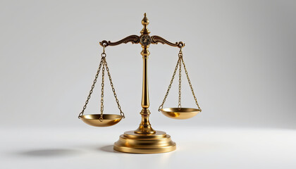 a golden balance scale with black arms against a white background, symbolizing justice.