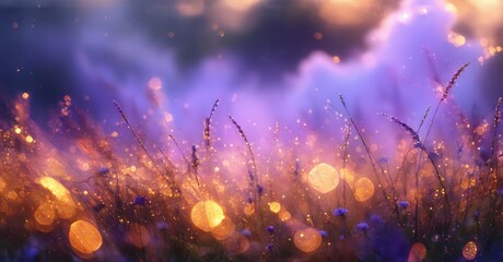 Fototapeta premium Magical meadow scene. Golden light filters through tall grasses under purple sky. Bokeh effects create dreamy atmosphere. Peaceful, serene view.