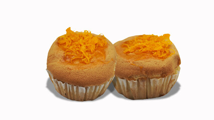 tasty muffin cake Foi Thong topping on white background included Reflection. 