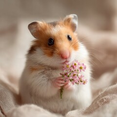A hamster is holding a flower in its mouth