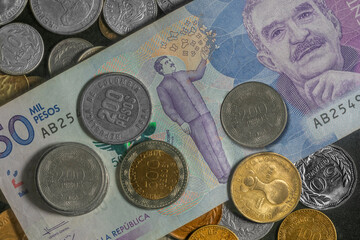 Colombian banknotes and coins of different denominations, Colombia,