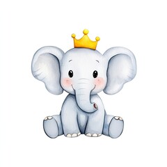 Fototapeta premium Watercolor baby elephant regal with a gold crown radiates pure joy and innocence on a white