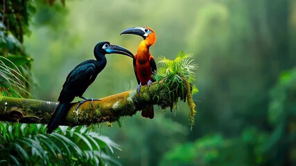 Two vibrant birds sit gracefully on a branch surrounded by dense foliage, showcasing nature's stunning diversity