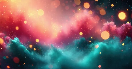 Fototapeta premium Abstract colorful waves, vibrant bokeh effects. Pink, orange, teal hues blend beautifully creating dreamy atmosphere. Sparkles add magic.