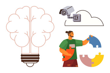 Light bulb as idea, man holding puzzle pieces for collaboration, surveillance camera and cloud symbolizing security and storage. Ideal for teamwork, creativity, innovation, problem-solving, security