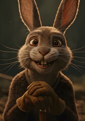 Charming computer-generated portrait of a friendly anthropomorphic brown rabbit with a wide, cheerful smile and expressive eyes, number 154