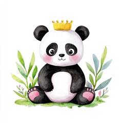Obraz premium A charming panda cub wears a golden crown nestled among watercolor leaves full of childlike wonder