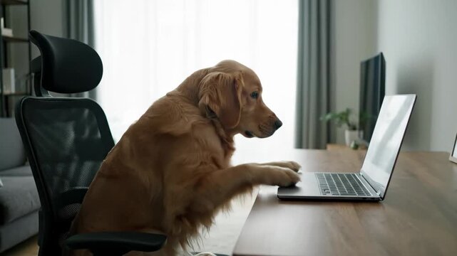Golden Retriever Using Laptop Computer - A golden retriever dog sits in an office chair at a desk, its paws resting on a laptop keyboard as if working.