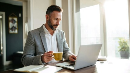 Man in smart casual wear is focused on his laptop while holding cup of coffee. warm sunlight streams through window, creating cozy atmosphere in modern workspace