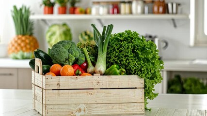 A wooden crate brimming with fresh vegetables rests on a kitchen table, with a bright and welcoming space in the background