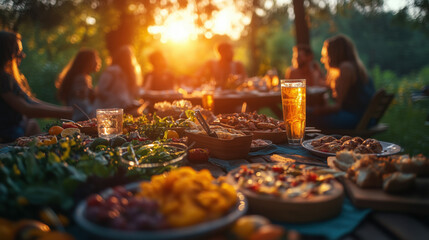 a group of friends enjoying a picnic outdoors during sunset with food and drinks