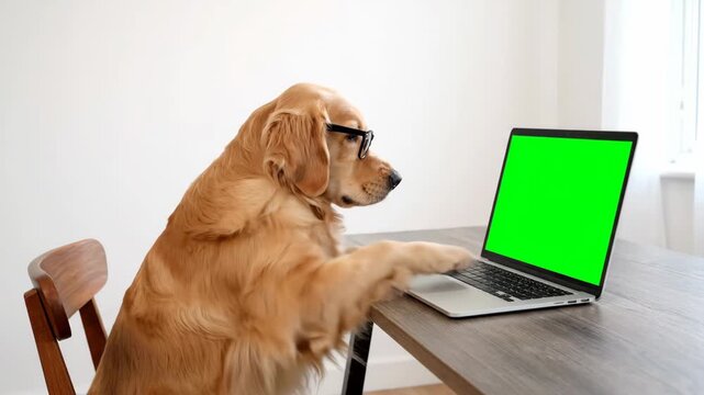 Golden Retriever Using Laptop with Green Screen - A golden retriever dog sits at a desk wearing glasses and using a laptop computer with a bright green screen.