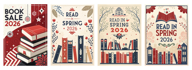 Colorful book sale posters featuring books and spring themes, perfect for promoting reading in 2026.