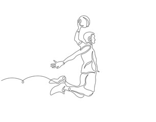 Basketball dunk continuous line. Continuous one line drawing of basketball player jumps high to score with slam dunk. Basketball man action concept. Single line drawing