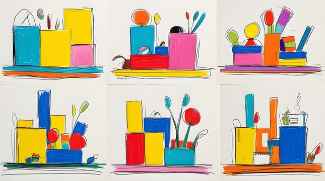 colorful scribble painting depicting a wall shelf with books and a flower vase