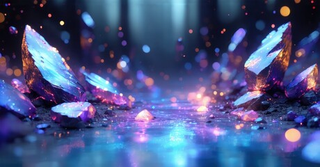 Glowing crystals illuminate dark landscape. Reflections shimmer across wet surface, creating magical scene. Particles float, adding ethereal quality.