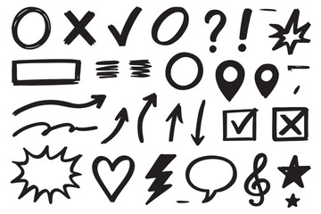 Messy hand drawn symbol collection with rough outline elements