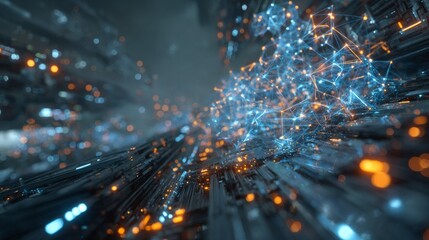 Obraz premium A computer generated image of a cityscape with a blue and orange glow