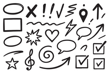 Collection of thick black hand drawn icons scattered randomly