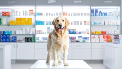 Golden Retriever Posing on Counter in Brightly Lit Veterinary Pharmacy with Shelves of Medication
