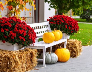 Autumnal porch seating with pumpkins and flowers