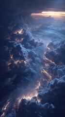 A sky full of clouds with a bright light shining through them