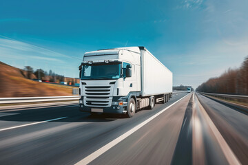 Modern cargo truck traveling on a highway under a clear sky.