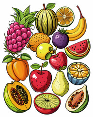 All fruits  ,realistic color, full body ,line bold black ,white background
