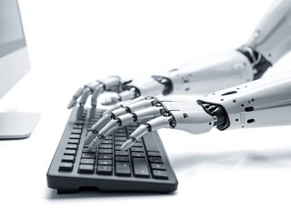 Robotic hands typing on keyboard isolated on white background