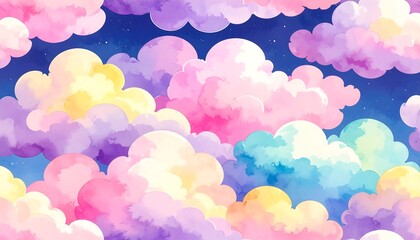 Watercolor Cloudscape: Dreamy Pastel Clouds Floating in a Deep Blue Sky