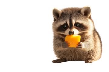 Cute raccoon holding a piece of orange fruit, showcasing its playful and curious personality.