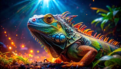 Fototapeta premium Colorful Iguana Lizard Posing with Spikes in Bright Enchanted Jungle