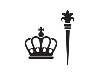 Crown and scepter. Vector black silhouette. with white background