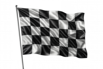Racing checkered flag waving dynamically, representing victory moment with dramatic movement against clean transparent backdrop