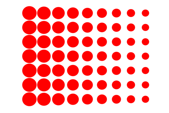 Red halftone dot pattern with decreasing size isolated on white or transparent background for design, decoration, and graphic projects