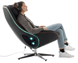 Woman wearing headphones relaxing in a futuristic black chair with glowing blue accents isolated on a transparent background