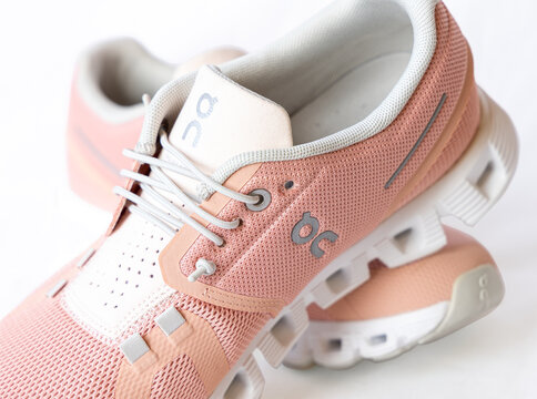 Zurich, Switzerland - August 14. 2025: The most trendy athletic racing shoes of the  Swiss Brand On, with the Roger swiss engineering, highlighting its modern and stylish design and Hi technology