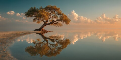 Majestic tree stands alone by tranquil waters at sunset, reflecting the sky's vibrant colors