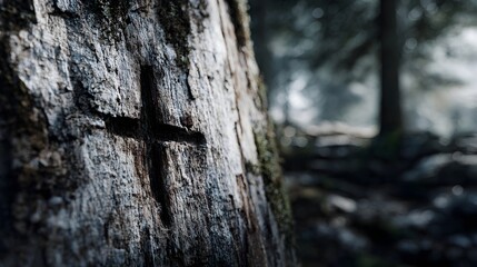 Fototapeta premium Cross carved into weathered tree bark in a serene forest setting