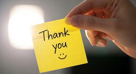 Hand holding a sticky note with "Thank You" message, symbolizing gratitude and appreciation