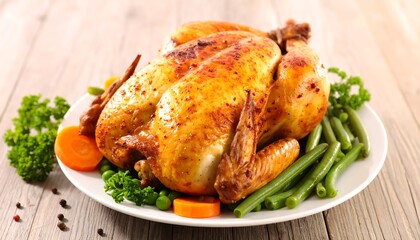 Delicious Roasted Chicken with Vegetables on a White Plate, Close Up View
