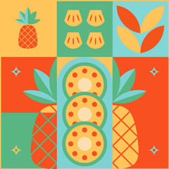 Colorful geometric illustration featuring pineapples, pineapple slices, and decorative shapes in a retro tropical style with bold, contrasting colors. © Jegos