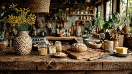 Rustic Kitchen Scene with Bread and Jars of Natural Ingredients