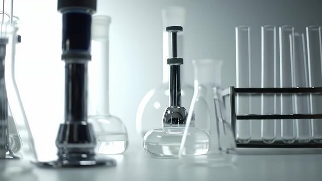Lab glassware, beakers and test tubes, sit on a white surface, light reflecting off surfaces